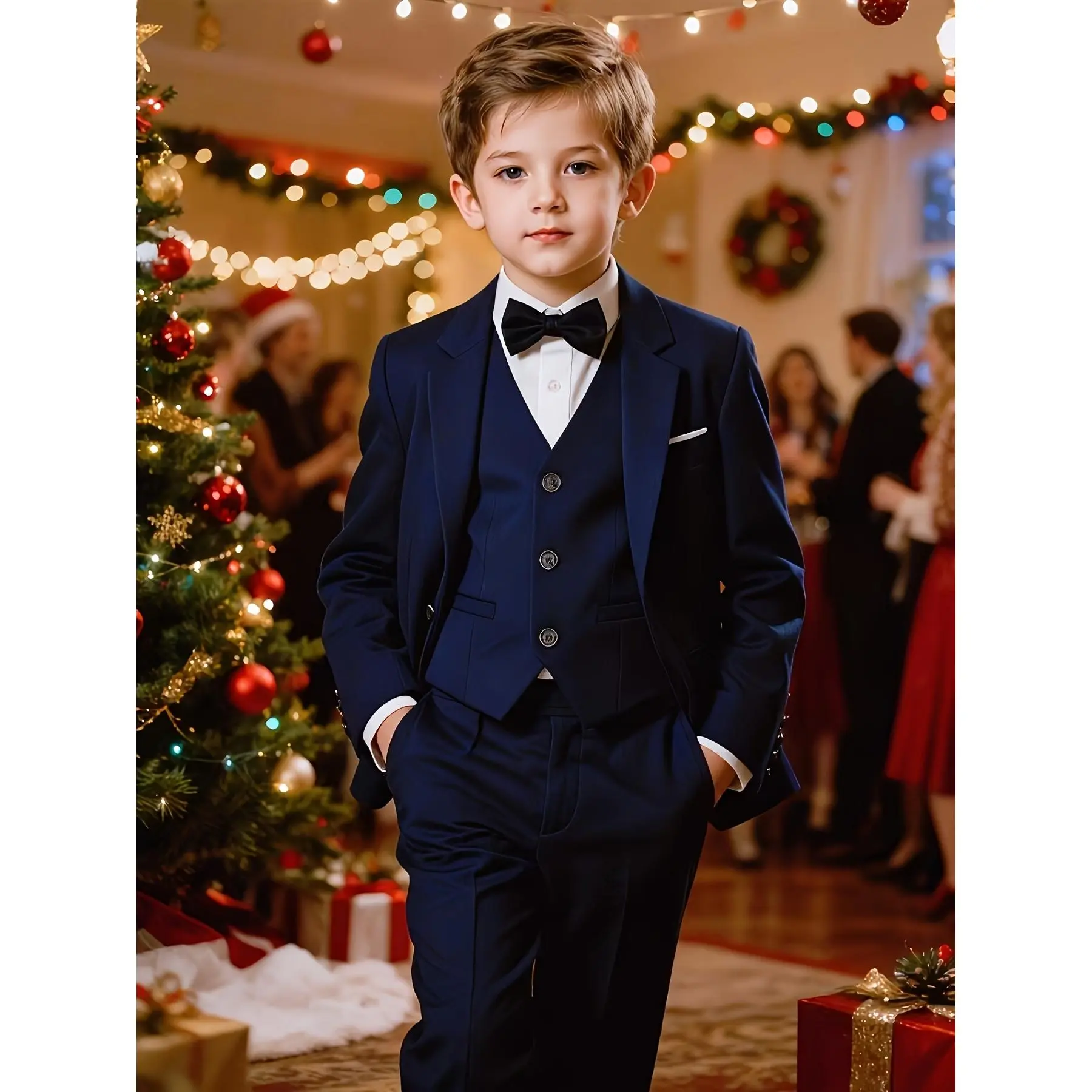 [4pcs Set] Boys' Korean Style Suit Set: suit jacket + vest + trousers + bow tie.Formal attire, autumn, and winter hosting and performances; stage celebration attire; Christmas party attire; dress.