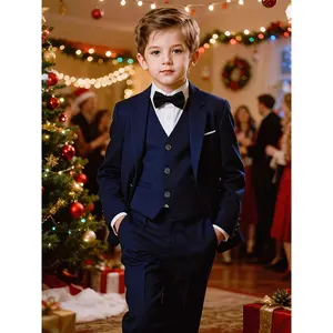 [4pcs Set] Boys' Korean Style Suit Set: suit jacket + vest + trousers + bow tie.Formal attire, autumn, and winter hosting and performances; stage celebration attire; Christmas party attire; dress.