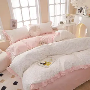 Pink Full Size 100% Cotton Floral Ruffle Duvet Cover, Princess Coquette Aesthetic Bedding for Teen Girls, Romantic Comforter Cover 3 Pcs with Zipper Closure 80"x90"
