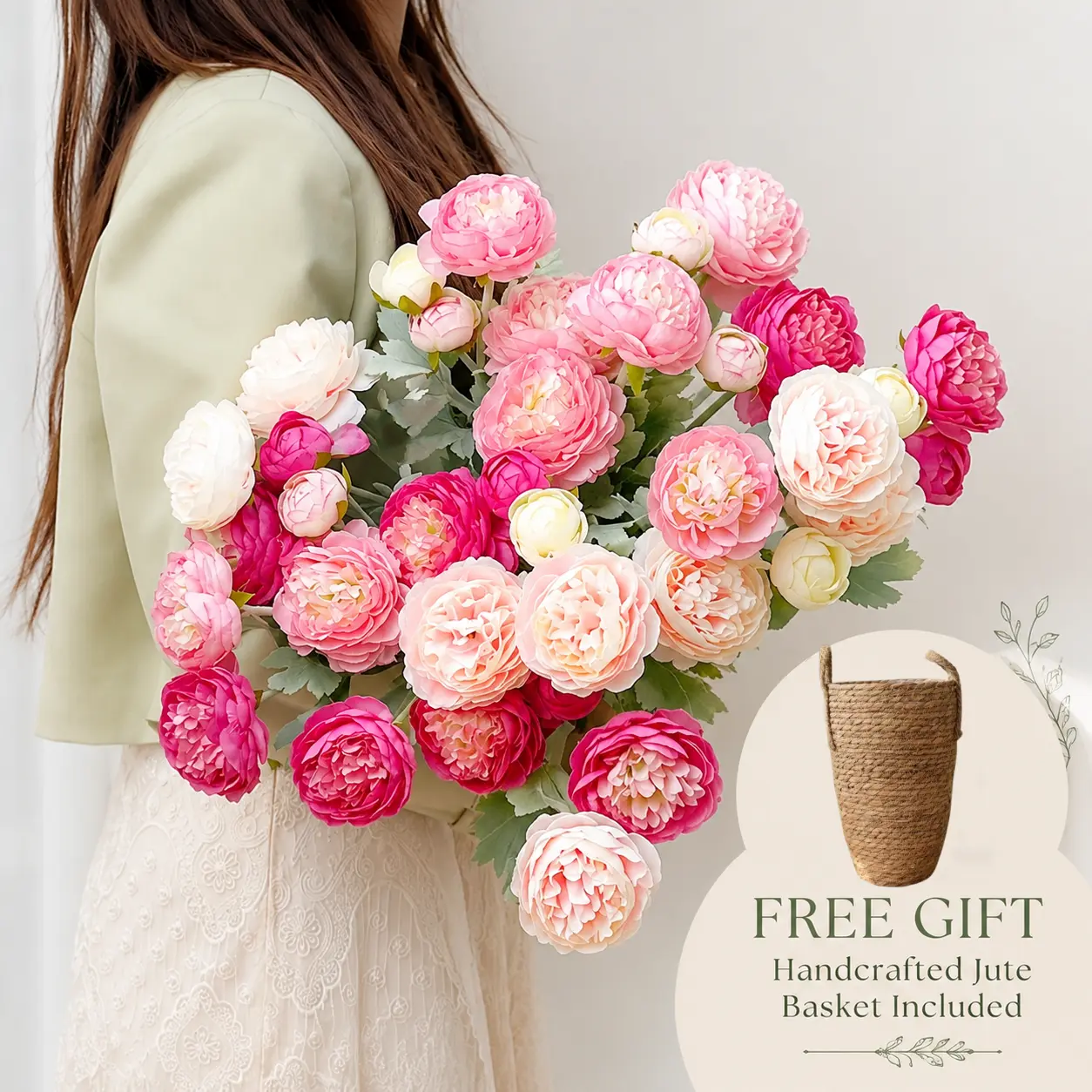 DANQAVEY Premium Silk Ranunculus & Peony Eternal Flower Bouquet - Pink, Cream White, Dusty Blue, with Boxes, for Wedding Bridal, Bedroom & Entryway Decor, Realistic Faux Gift Blooms,dorm essentials