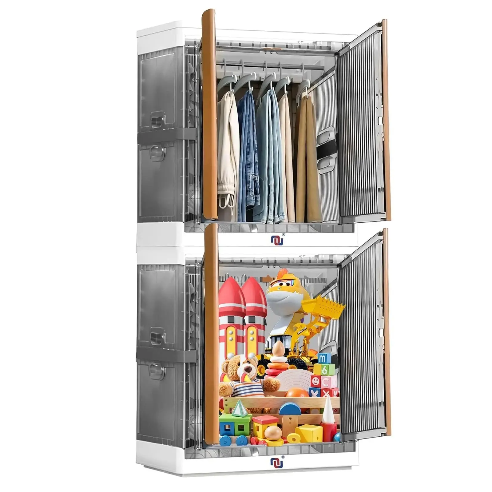 NUNET Large Stackable Closet Organizer Foldable Storage Boxes w. Lids 2 * 38Gal Clear Collapisble Movable Dismountable Storage Bins, Open Front Doors & Wheels (2 Black)