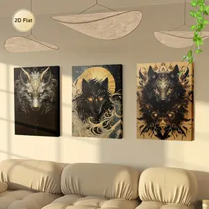 3-Piece Framed Wolf Triptych Wall Art Set - Black and Gold Wolf Painting with Luxurious Gold Frame, Modern Mythical Animal Theme, Square Panel Set for Living Room and Bedroom Decoration - Elegant Wolf Portrait (Easy-to-Hang Framed Canvas Panel)