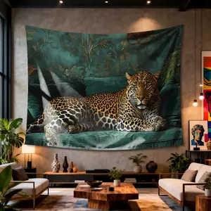 Leopard resting on green velvet couch Digital printing polyester wall tapestry suitable for use in living rooms bedrooms offices bars party