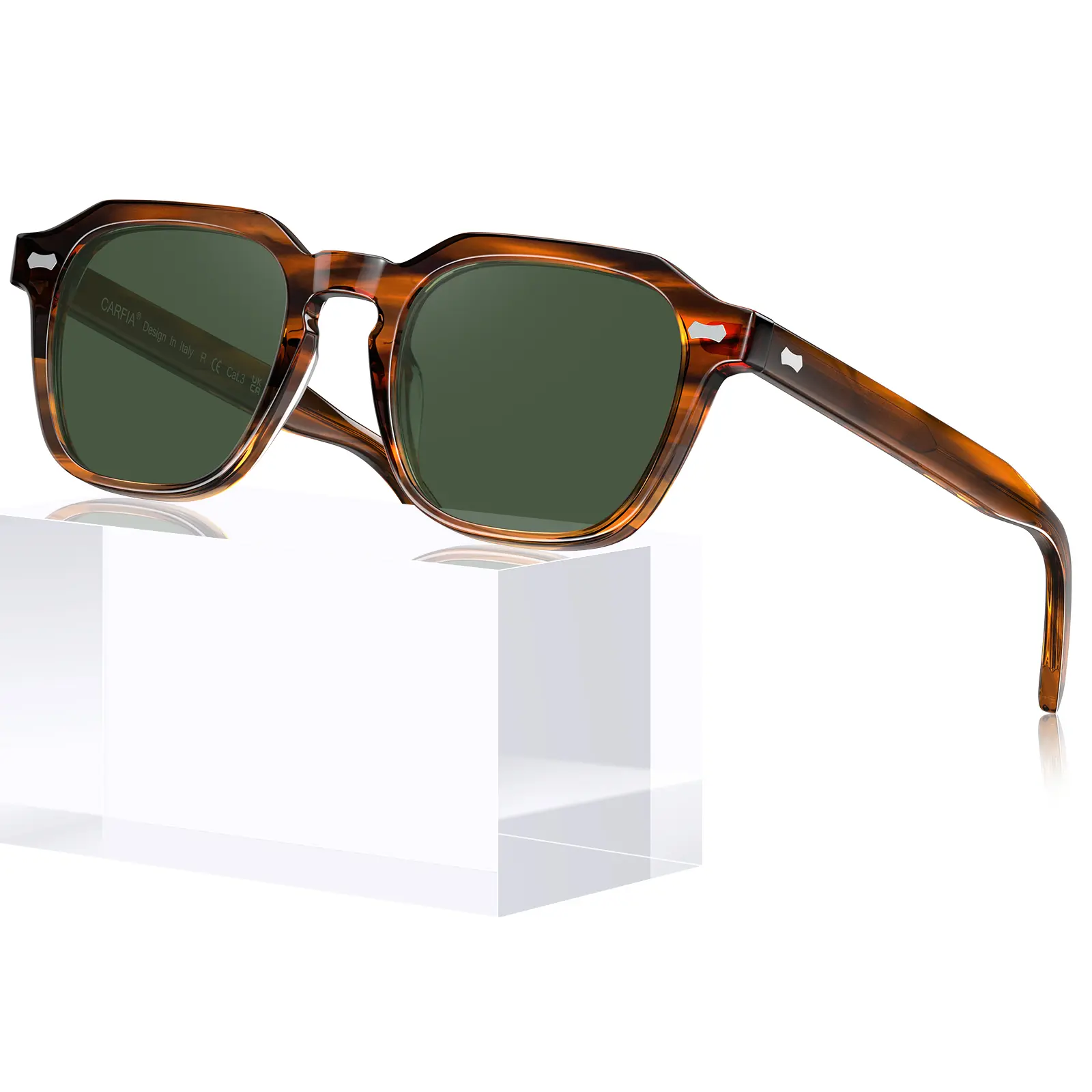 CARFIA Men's Polarized Retro Square Sunglasses, Unique Striped Italian Acetate Frame with UV400 Protection for Glare Reduction, Polarised Sunglasses, Square Framed Sunglasses