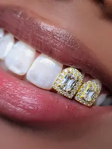 1pc 18K Gold-Plated Copper Baguette Zircon Grillz, Double Tooth Design, Tooth Gems, Luxury Hip Hop Statement Accessory, Suitable For Streetwear & Trendy Looks, Gift For Bling Enthusiasts (Unique Craft, Actual Item May Vary)