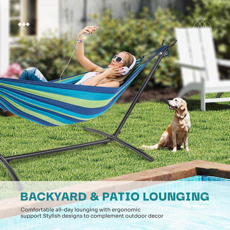 Double Hammock With Carry Bag, With Space-Saving Stand, Heavy-Duty Steel Frame, 450 Lb. Load Capacity, Easy To Assemble, For Patio, Park, Outdoors