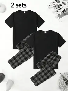 2 Sets Unisex Pajamas Set Soft Breathable Short Sleeve T-Shirt & Plaid Long Pants Loungewear Sleepwear Nightwear Casual Home Wear for Men Women Couples Comfort Cozy PJs for All Seasons Daily Relaxation Lounge Wear Night Clothes Sleep Set