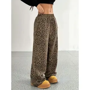 Women's Leopard Baggy Wide Leg Sweatpants Drawstring High Waisted Cheetah Print Lounge Barrel Trousers with Pockets Bottoms WomenswearGift