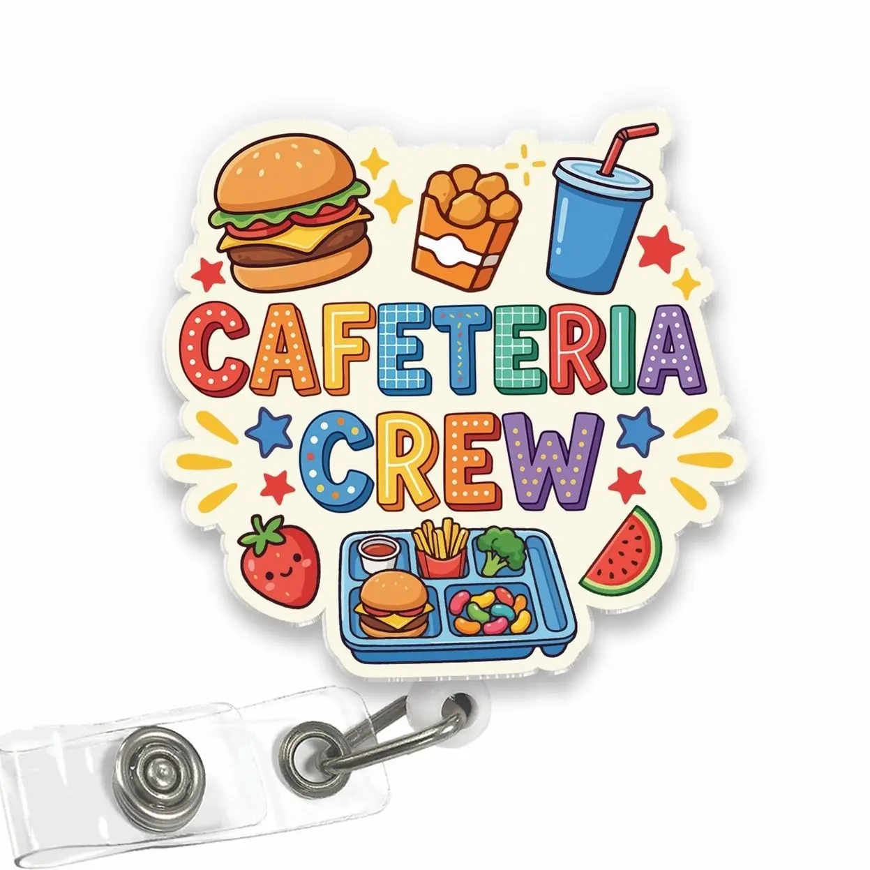 Cafeteria Crew Badge Reel, Funny School Lunch Lady Acrylic Retractable ID Holder with Clip Gift for Student Nutrition Food Service Staff ACV