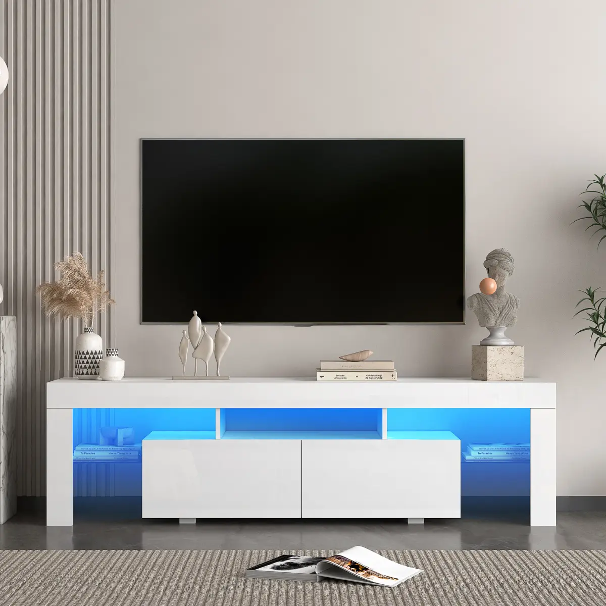 High gloss TV Stand with LED Lights for TVs up to 65'', Modern TV Console with Storage Cabinets for Living Room