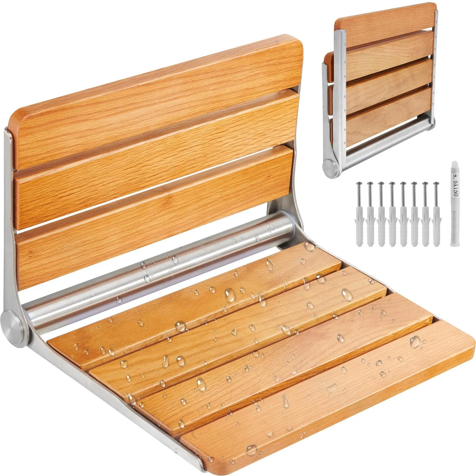 VEVOR Folding Oak Shower Seat, TikTokShopBlackFriday, 16.1" x 13.4" Unfolded, Wall Mounted Fold Up Shower Bench with 440 lbs Load Capacity, Space Saving Home Care Fold Down Shower Chair, for Seniors Pregnant Women Children Smooth Steel