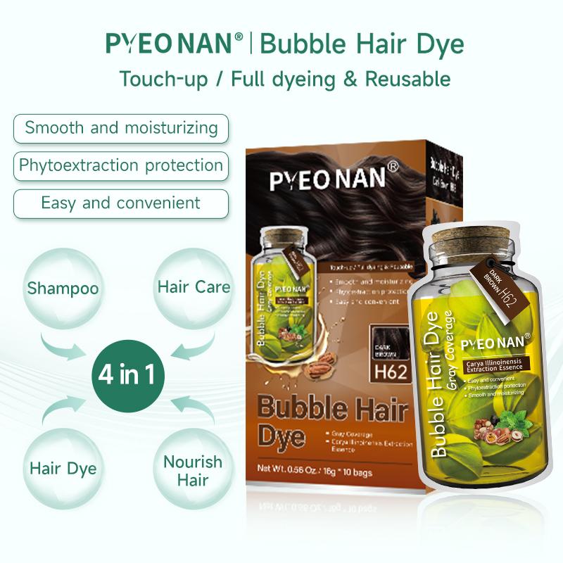 PYEONAN Unisex Bubble Hair Dye, Ammonia-Free, Natural Plant Extracts, 2-in-1 for Gray Coverage and Hair Care, Gray Hair Turns into Black or Dark Brown with Herbal Ingredients, No Bleaching, 10 Bags Hair Color 5.6 Oz./160g