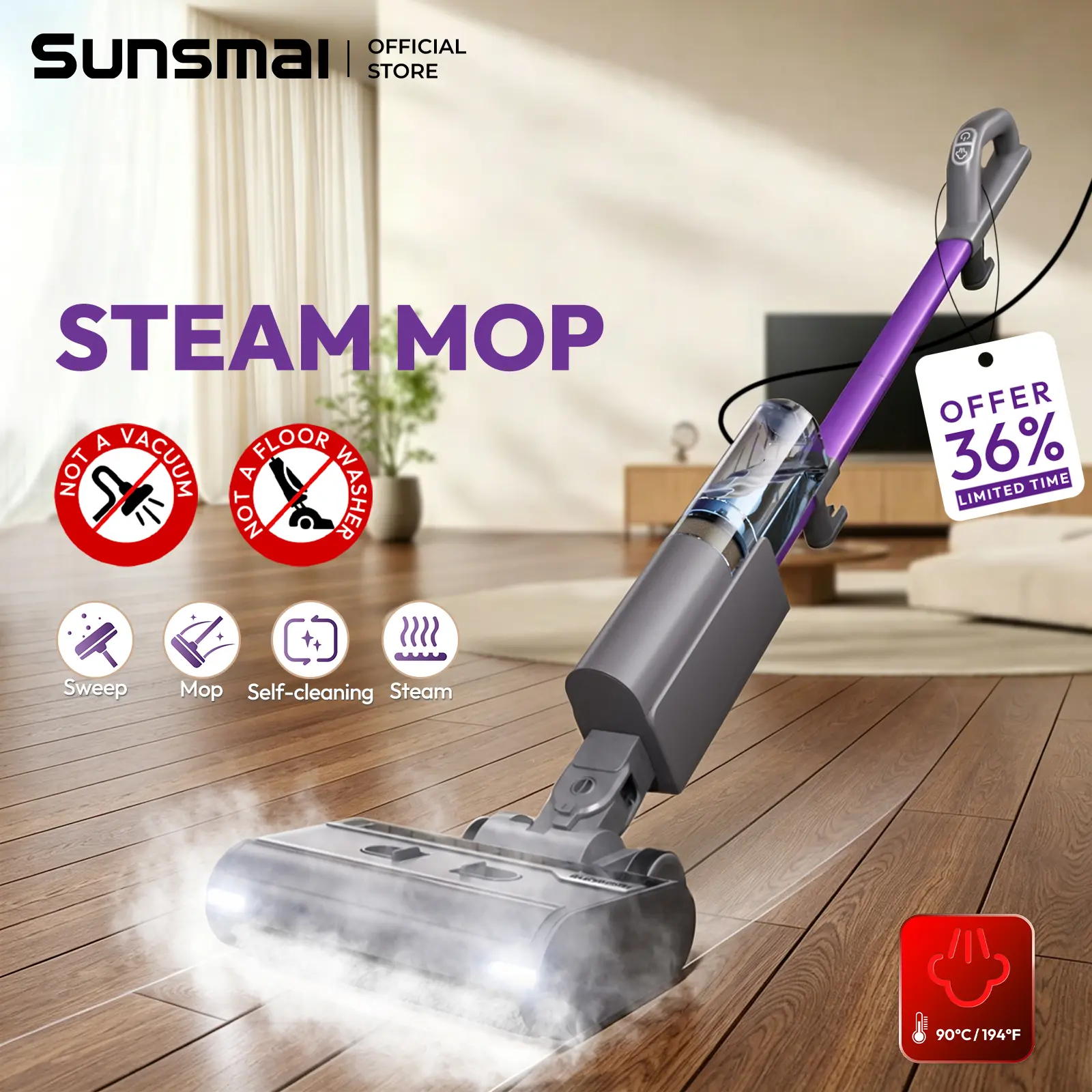 Sunsmai Self-Cleaning Steam Mop | Deep Sanitizing Floor Steamer for Hardwood Tile Laminate | 180° Swivel Head, LED Headlights, Pet Friendly Home Cleaner
