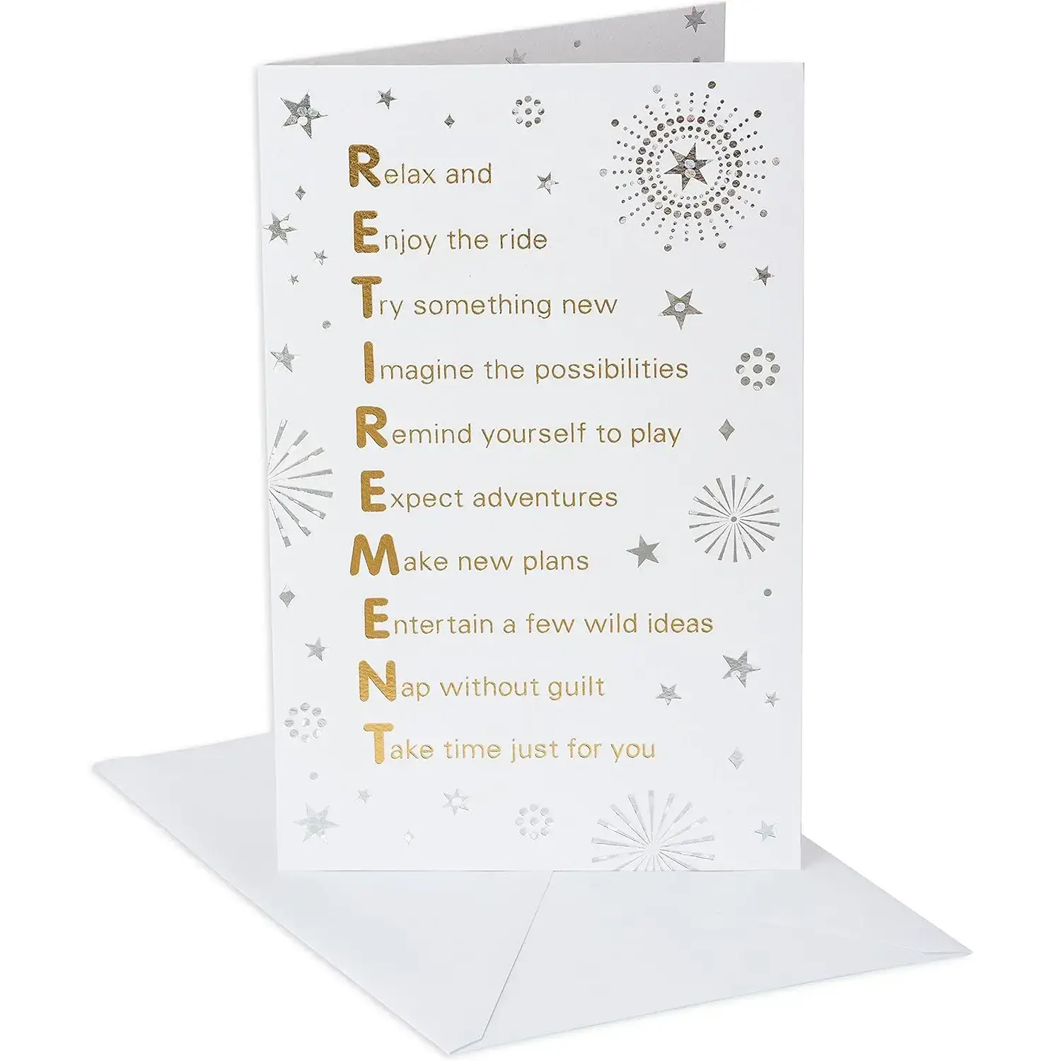 Retirement Card, Congratulations on Retirement Greeting Card with Gold-Foiled Lettering, Starburst Motif, Textured White Paperstock (Time of Your Life)