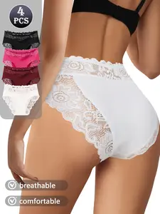 [Plus Size] QUASTI 4-Piece Elegance Mid-Rise Lace Hip-lifting Women's Panties, Soft Breathable, Highly Elastic Silky Fabric, Skin-Friendly Comfortable Smooth Womenswear, Sizes 1XL-5XL