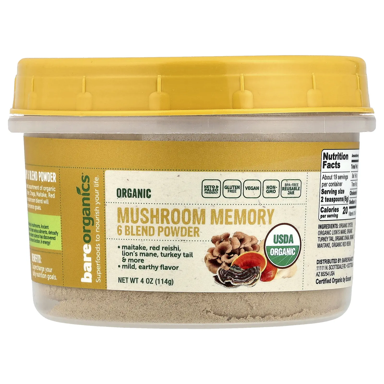 BareOrganics Organic Mushroom Memory 6 Blend Powder, 4 oz (114 g)