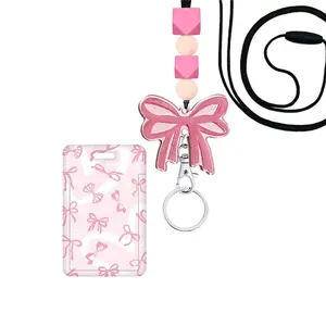 Sweet Butterfly Knot Teacher Lanyard with ID Key Holder, Cute Silicone Bead Lanyard, Vertical Card Protector, Bus Pass/ID Card Universal, Women Nurses School, Badge Decoration