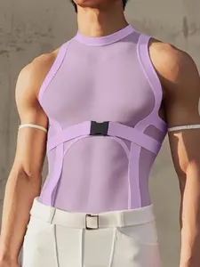 INCERUNMEN Men's Sexy Sheer Sleeveless Vest, Structured Patchwork Design Top, Perfect Party, Stylish Men's Fashion Apparel