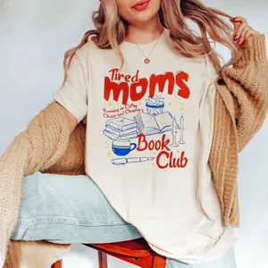 Tired Moms Book Club Shirt, Retro Coffee Reader Mom Hoodie, Book Lover Gift For Mom Sweatshirt, Unisex Sweater Pullover Tee