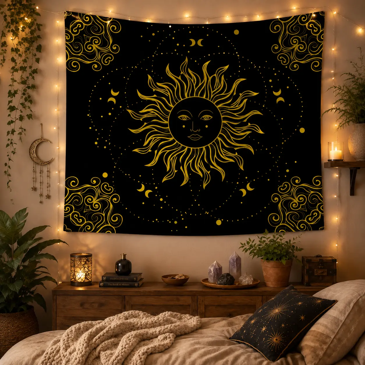 Golden Sun Tapestry - Bohemian Starry Sky Wall Hanging with Black Stars, Sun & Astrological Symbols, Horizontal Chart Suitable for Dorm Room Decor, Meditation Space, Minimalist Bedroom Art, Durable Gift for Christmas, New Year