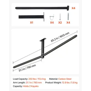 VEVOR Kayak Storage Rack for 2 Kayaks, Holds Up to 250 lbs, Heavy Duty Adjustable Ceiling Rack for Garage Ceiling Mount, Overhead Garage Storage Hanger for Canoe, Ladder, SUP, Surfboard Paddleboard