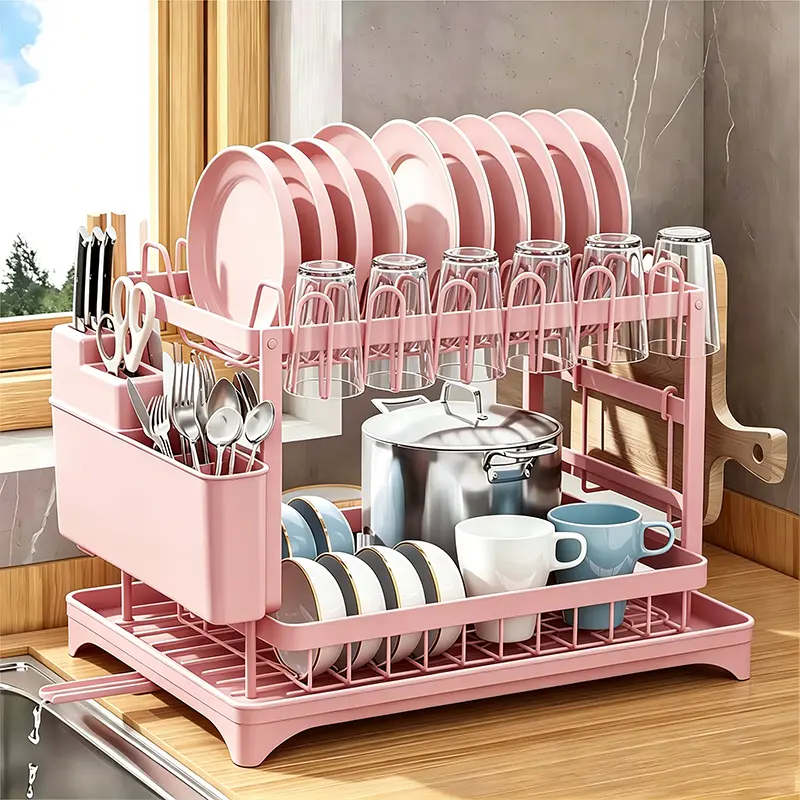2-Tier Stainless Steel Kitchen Counter Dish Drying Rack with Drainboard, Compatible with Dishes, Knives, Cups, Cutting Boards