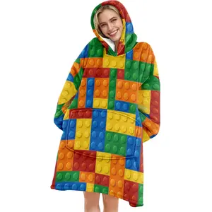 hoodie blanket，Wearable Blanket，Hooded Blanket, Cozy Hooded Blanket, Wearable Throw, Fun Building Block Print Hooded Blanket, Soft Warm Flannel Blanket, Sofa Cover, Home Leisure, Air Conditioning，Christmas Gift,Valentine's Day gift