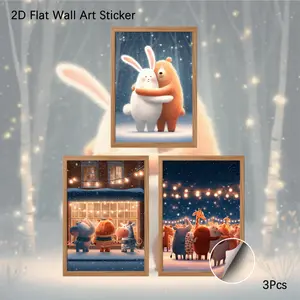2D Flat Wall Art, 3Pcs PVC Self-Adhesive Framed Wallpaper Sticker, Whimsical Winter Animal Scene Wall Decals, Cozy Starlight Night Decor for Living Room, Bedroom, Ideal for Animal Lovers & Warm Aesthetic Fans