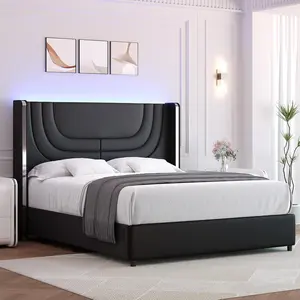 HOMBCK Bed Frame with LED Lights, Faux Leather Upholstered Platform with Silver Wingback Headboard, Modern Style, No Box Spring Needed, Easy Assembly