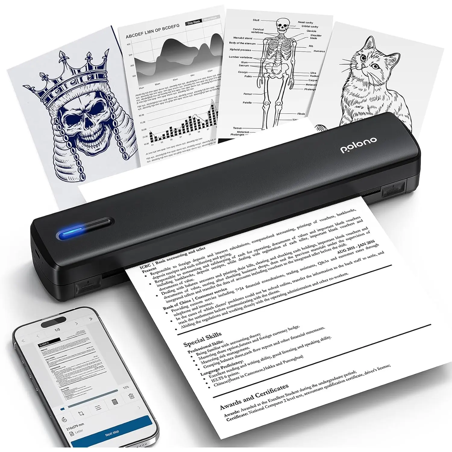 POLONO Portable Printer Wireless for Travel, D810 Bluetooth Thermal Printer Support for 8.5"X11" US Letter, Inkless Compatible with Ios, Android, Laptop for Office, Car and Home, Black POLONO