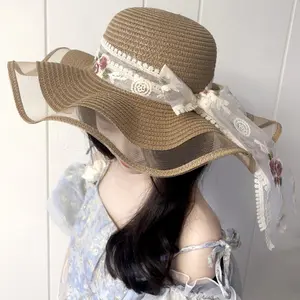 Women's Korean-style summer straw hat Ribbon breathable sun hat Travel wide-brim sunshade cap Trendy sun hat