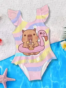 Girls' Capibara Jumpsuit Swimsuit, Cute Cartoon Print, Ruffled Quick-Dry Swimwear, Sporty Slim-Fitting Design