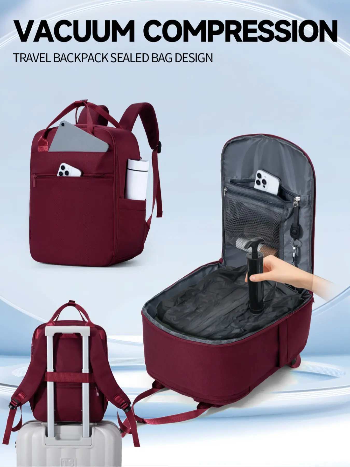 Vacuum Compression Backpack with Vacuum Pump, Vacuum Seal Backpack, Large Capacity Laptop Backpack, 51% Increased Space After Vacuuming, Multi-Compartment Design, Airline Approved Backpack, Airport Backpack, Ideal for Business Trips, Daily Commute