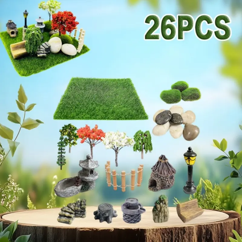 26 PCS Outdoor Fairy Garden Miniatures Kit - Garden Border Fence, Artificial Grass, Model Trees, Terrarium Ornaments, Dollhouse Supplies, Bonsai Decorative Craft Tools
