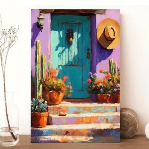 2D Flat, 2D Flat1pcs Mexican-Style House with Cacti& Flowers Canvas Art Print, Wooden Frame- Vibrant Oil Painting Wall Decor for Home, Office, Kitchen, Bedroom, Dining Room, Perfect Gift for Mother's Day, Birthdays, Easter, Mexican Home Decor