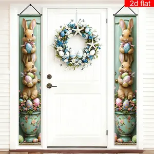 Easter 2D Plane Banner - Welcome Front Porch Sign Party Banner, Decorative Banner, Rabbit Egg Flower Theme for Spring Decor, Indoor & Outdoor Use