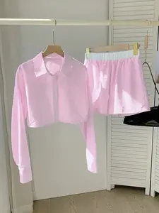 Women's Summer Fashion Womenswear Clothes Striped Cropped Shirt & Shorts Set, Fitted, Woven, Matching, Outfit, Casual Comfortable, Perfect for Daily Wear, Stylish and Versatile