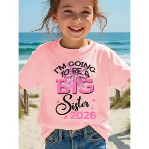 Summer Fashion Girls' Short-Sleeve T-Shirt "I'M GOING to BE A BIG SISTER 2026" Letter Sequin Bow Cartoon Pattern Print Casual Versatile Top NY-