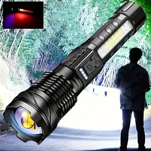 USB Rechargeable Super Bright LED Flashlight - High Lumens, Laser & COB Work Light, 7 Modes + Red/Blue Alarm, IPX6 Waterproof Helloween  Zoomable, Handheld w/ Lanyard - For Camping, Fishing, Summer Gifts & Home/Road Emergencies
