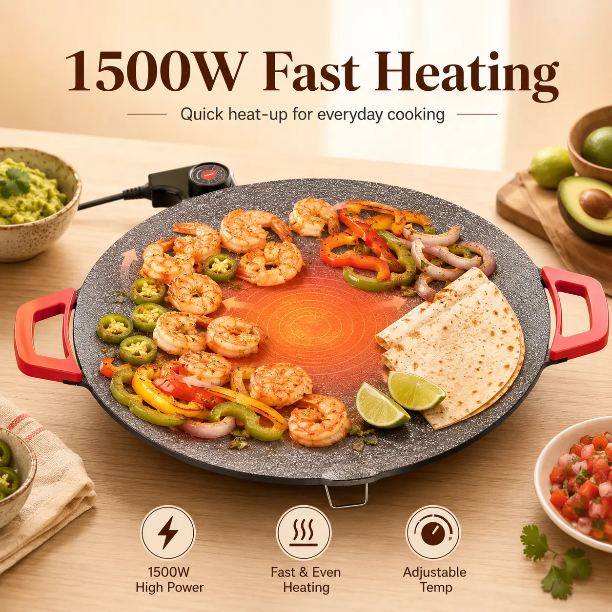 1500w portable electric，portable electric comal，korean bbq grill，non-stick grill pan，comal electrico para tortillas，plancha para cocinar，electric grill indoor,Adjustable Temperature Electric Skillet Pan，round griddle,