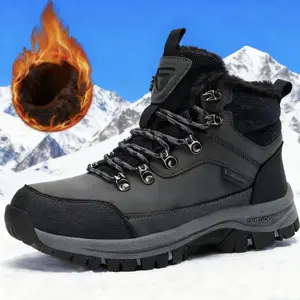 Men Boy High-Top Snow Boots Black Footwear Laced Winter Hiking Shoes With Warm Fur Lining Anti-slip Sole