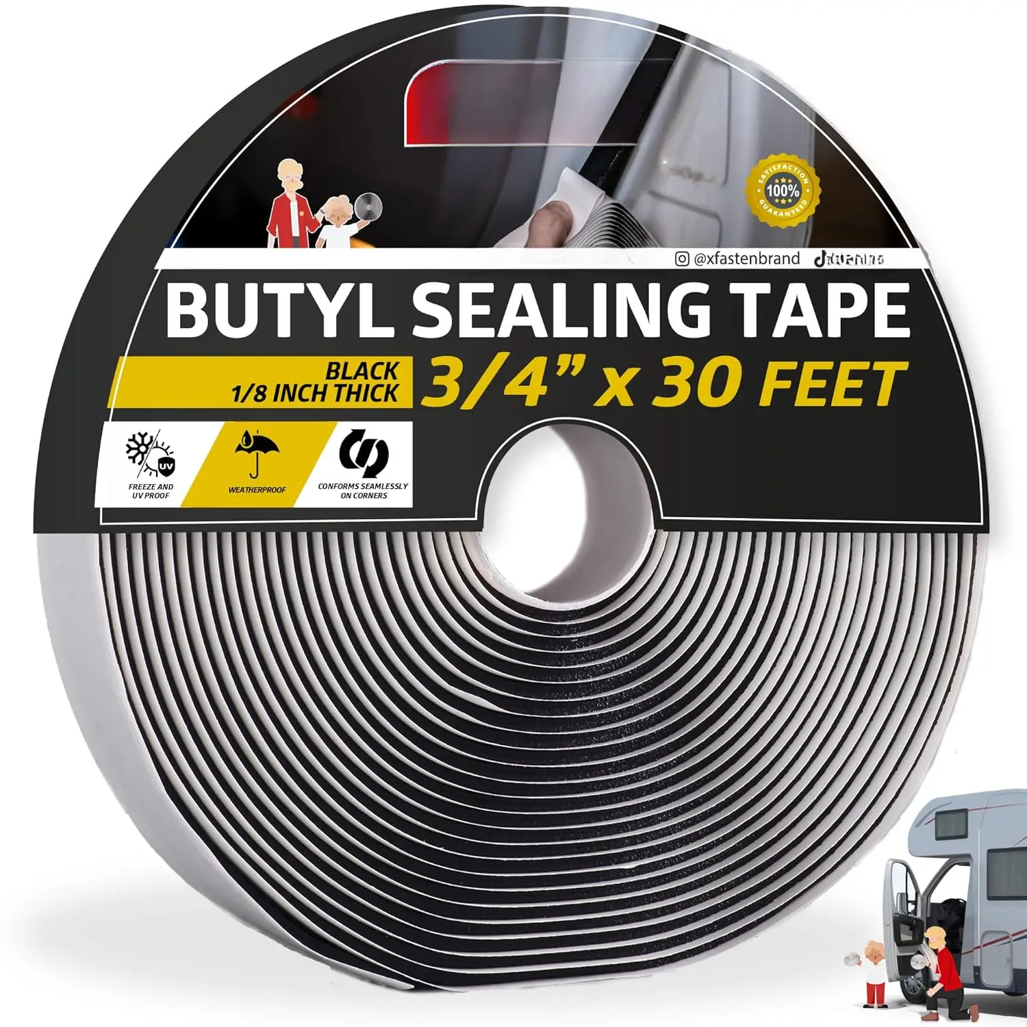 Butyl Sealing Tape, Black, 1/8-In x 3/4-In x 30-Foot Plumbers Putty, RV Sealant, Boat Sealing, EDPM Butyl Tape