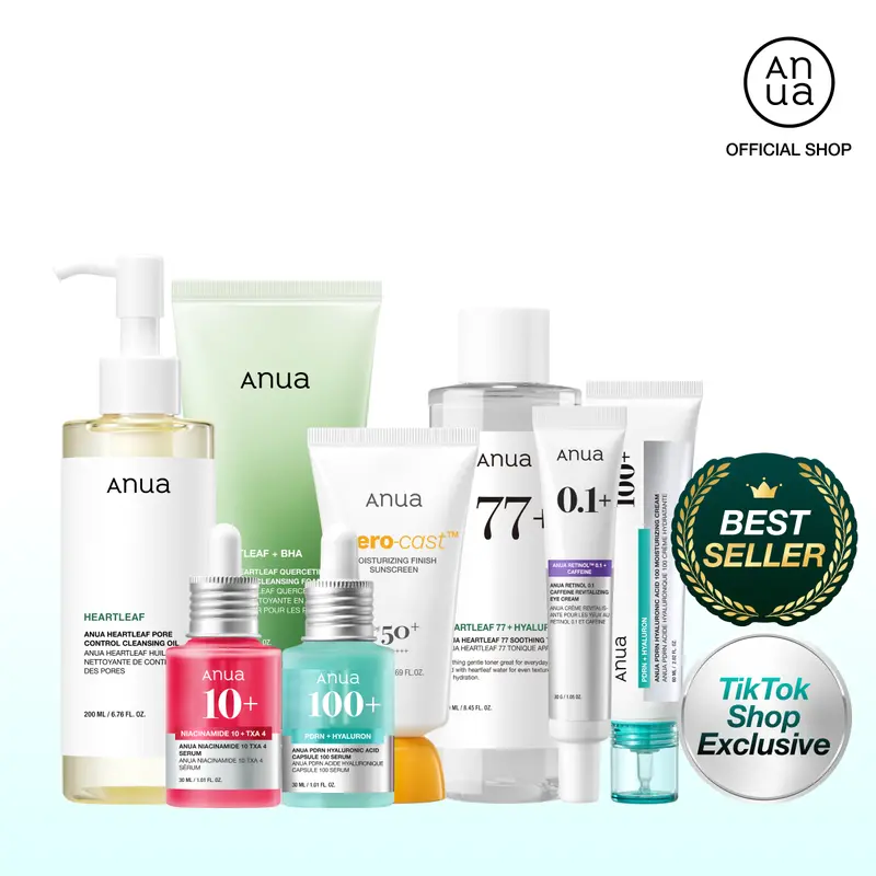 [Anua] Affordable Full-Korean Glass Skincare Routine Set｜8 Essential Tiktok Viral Items in one bundle｜For Hydration, Hyperpigmentation & Redness Care Set ｜ Cleansers, Toner, Serums, Moisturizer, Eyecream, SPF