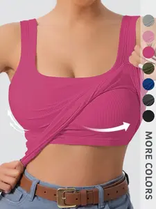 New Summer Women's Square Neck Solid Color Backless Tank Top, Detachable Pads, Elegant Fashion, Casual Office, Gym, Date