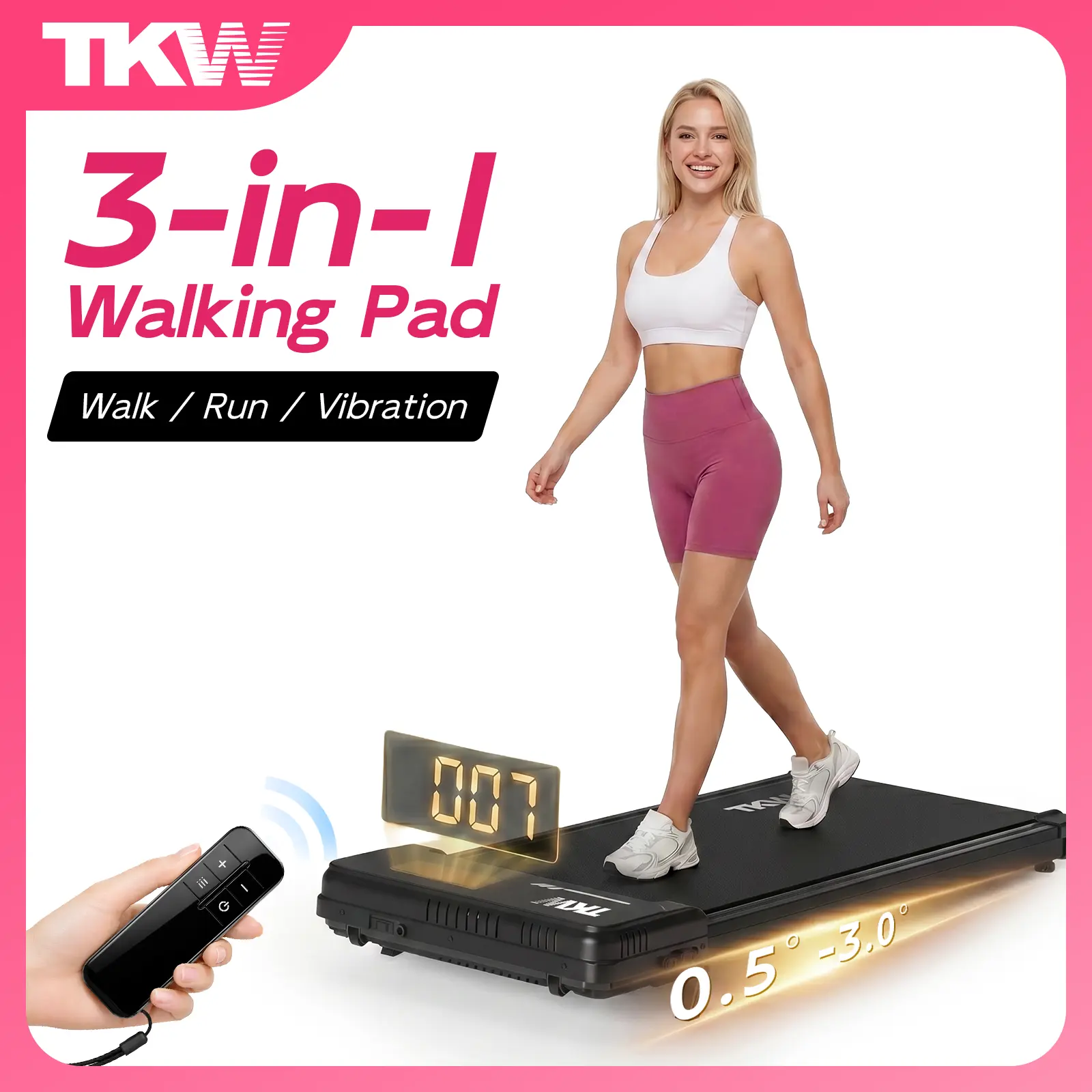 TKW 3-in-1 Walking Vibration pad, Lightweight UnderDeskWalking pad Treadmill, 220-300lbs Weight Capacity,Low-Noise Motor Walking Pad,withHandle, Remote Control & Wheels for Easy mobility, LEDDisplay