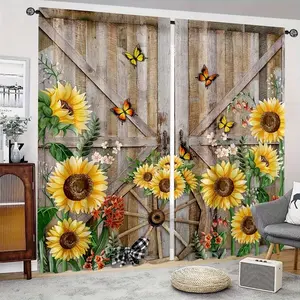 Butterfly Sunflower Print Curtains Set, Fashionable Rod Pocket Home Textile Window Drapes for Bedroom & Living Room, Easy Installation for Cafe & Office