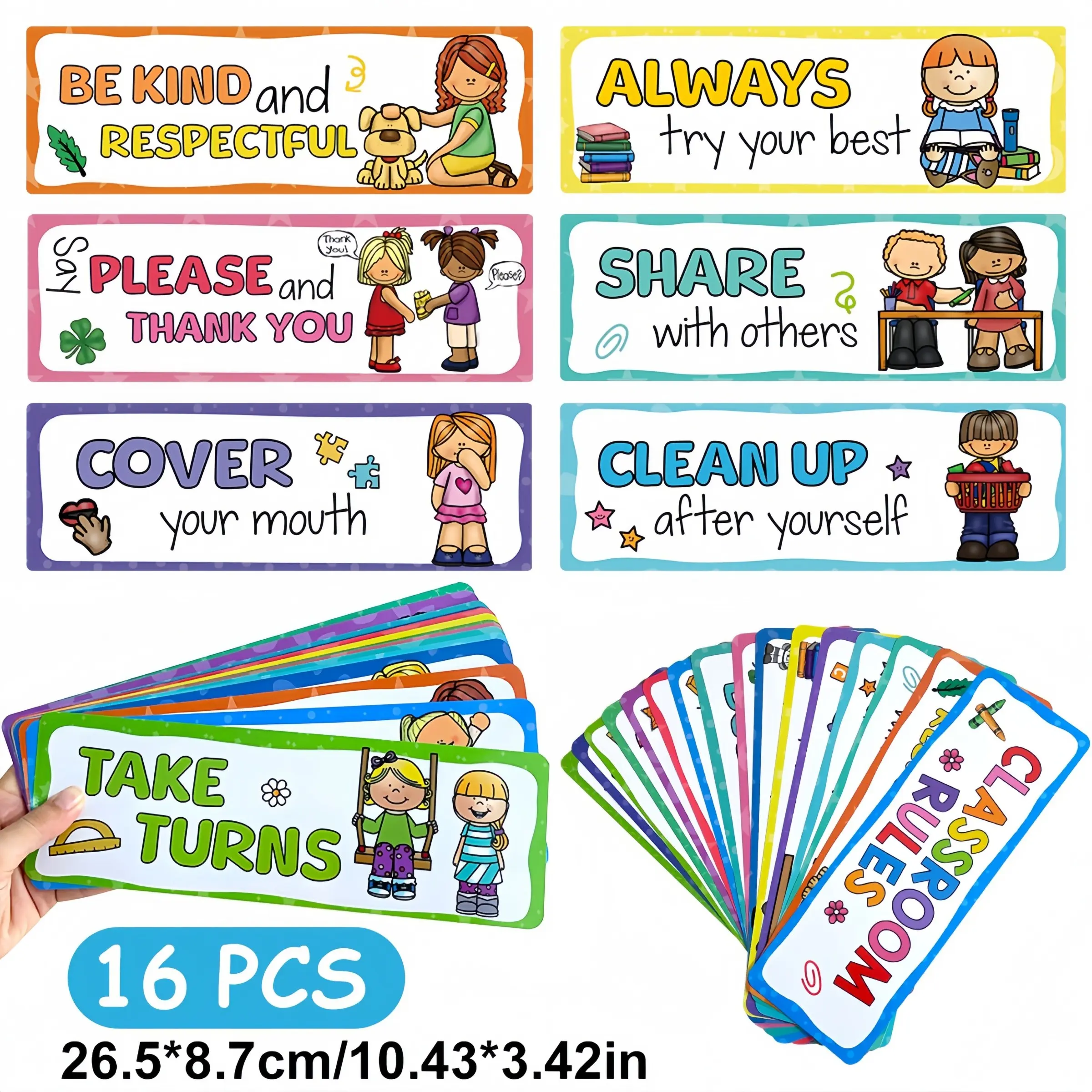 16-Piece English Classroom Rules Poster Set, Good Habit Formation, Class Management, Classroom Decoration, Educational Wall Art, Teaching Supplies