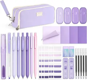 Aesthetic School Supplies, Gel Pens with Black Ink, Correction Tapes, Pastel Highlighters,Mechanical Pencils, Sticky Notes, Index  for  Study Supplies with Case Stationary Purple