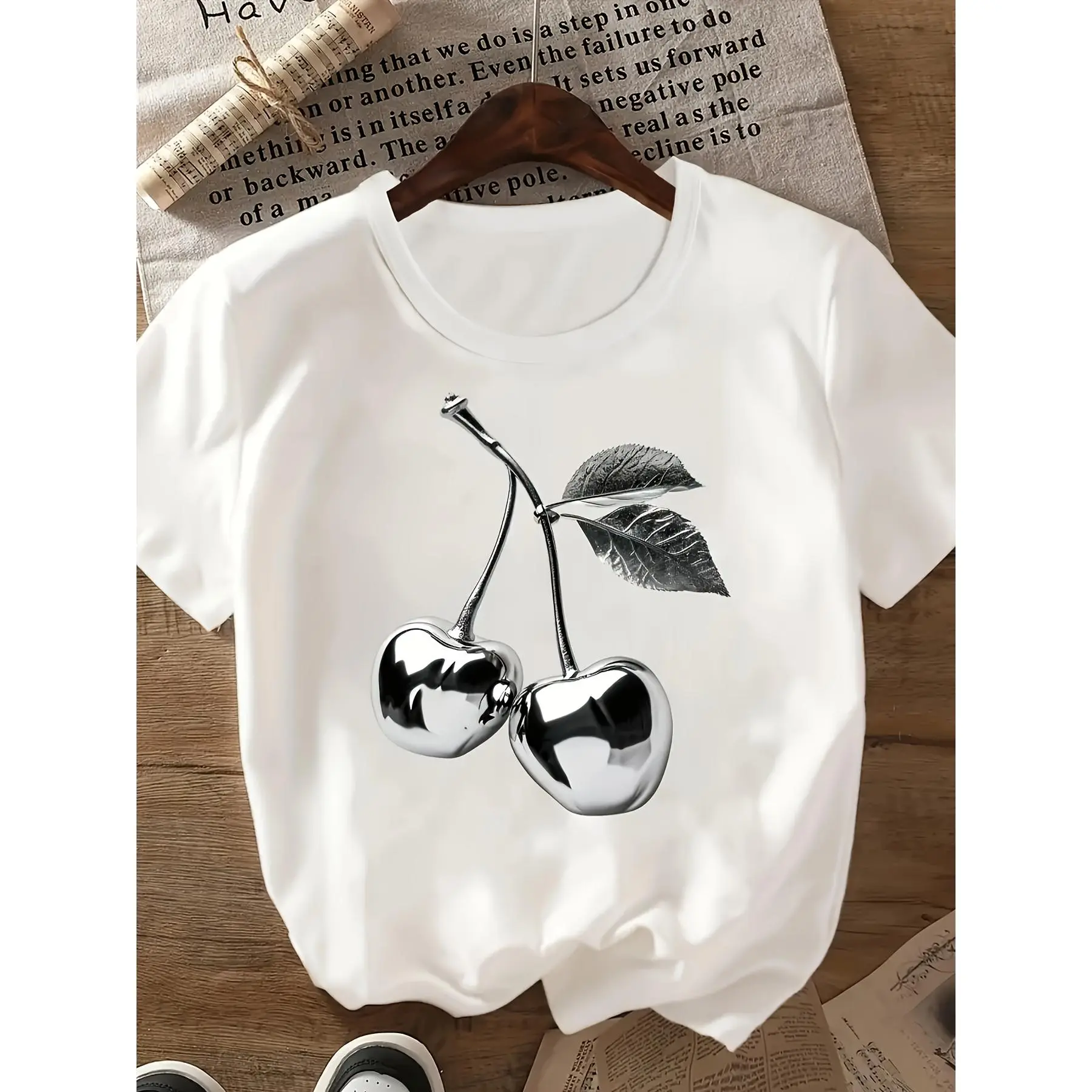 100% Cotton Cherry Printed T-Shirts Casual T-Shirts With Short