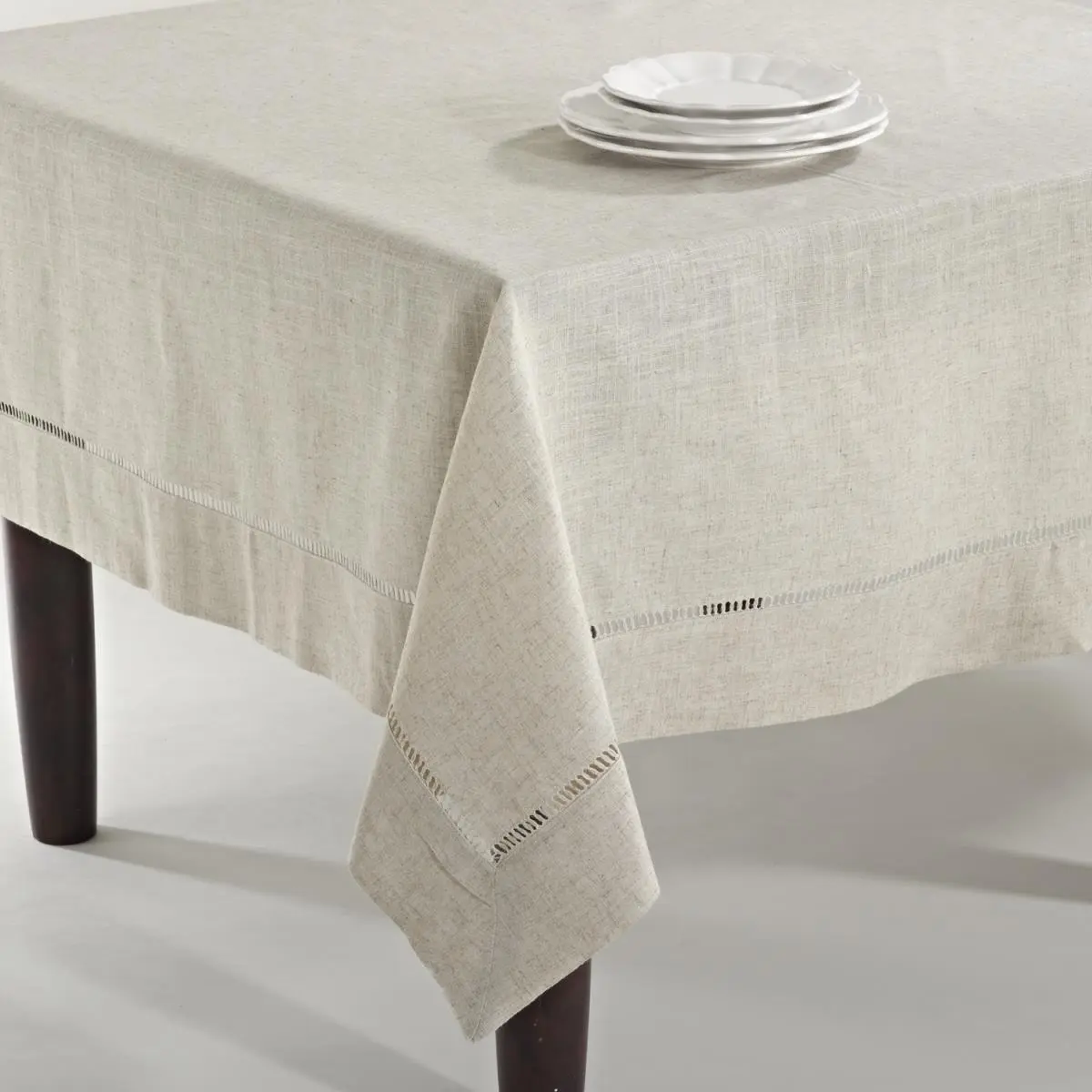 Saro Lifestyle 731.N6584B 65"x84" Oblong Poly-Linen Mix Toscana Tablecloth, Hemstitch Edge, Neutral Theme, Machine Washable Modern Solid Kitchen Linens Accessory